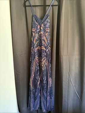 Joules Navy Beaded Spaghetti-Strap Prom Gown with Multicolor Accents